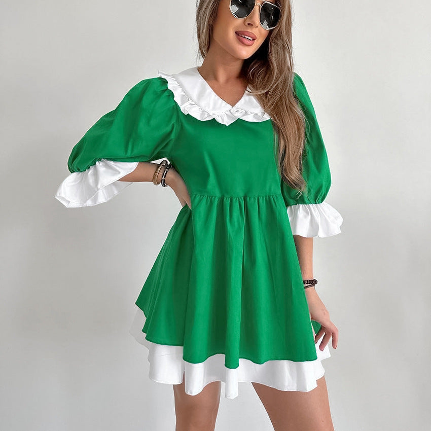 2025 Fashion temperament contrasting colors loose V-neck bubble sleeves five-quarter sleeves mid-waist tutu skirt versatile summer dress women