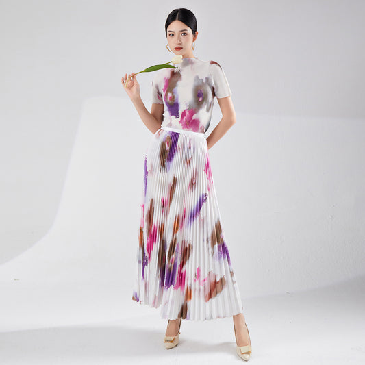 2025 Printed Set Skirt Women's Spring and Summer Cross-pleated Printed Short Sleeve T-Shirt Elastic Drop Skirt Two-piece Set