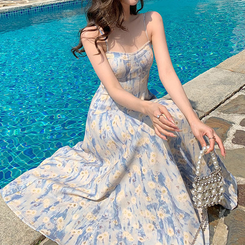 2025 blue oil painting long dress beach dress floral suspender dress female summer fairy temperament waist  summer female