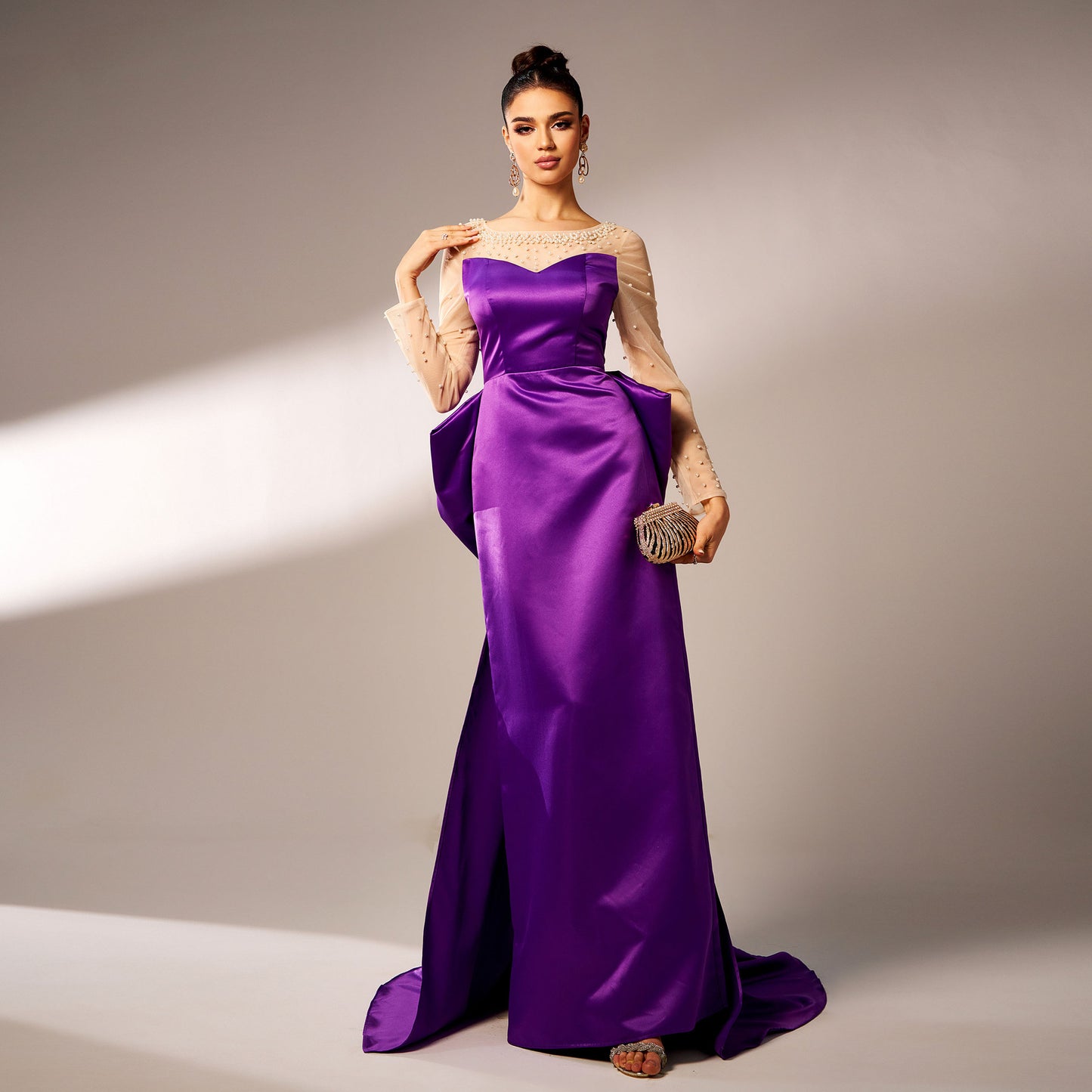 2025 new high-end long-sleeved round neck banquet beads big bow evening dress bridesmaid dress women