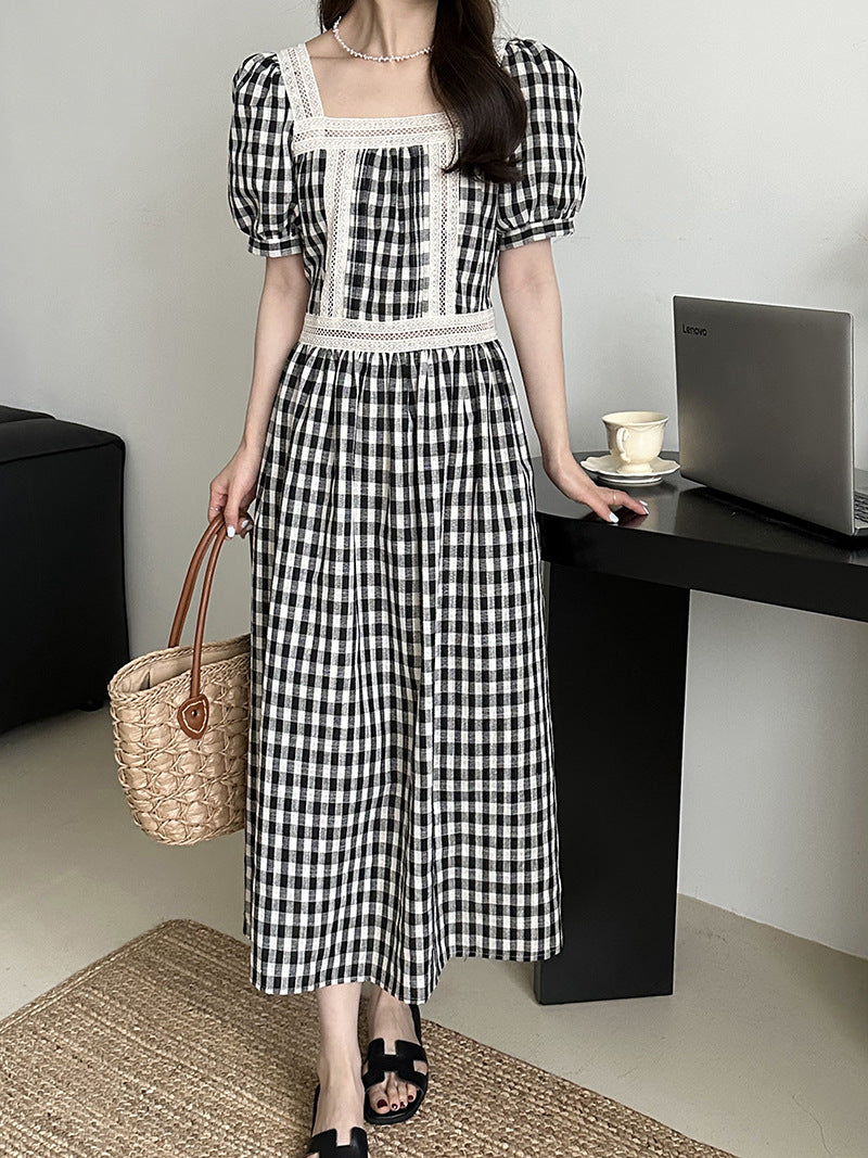 2025 [60% off for summer clearance] Summer Korean  temperament bubble sleeve plaid dress square collar retro and sweet