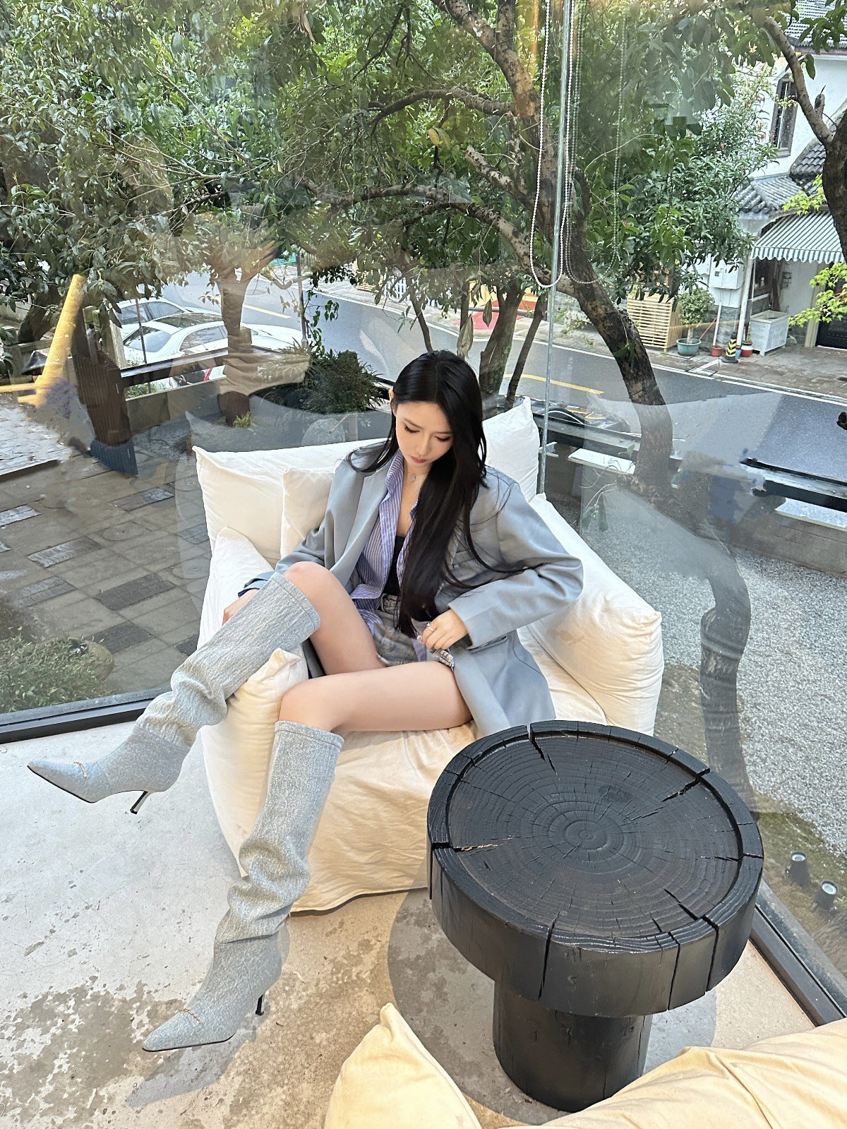 2025  2025 style pointed-toed pleated piled boots popular spring and summer new thin-heeled fashion boots but knee-thin high heels