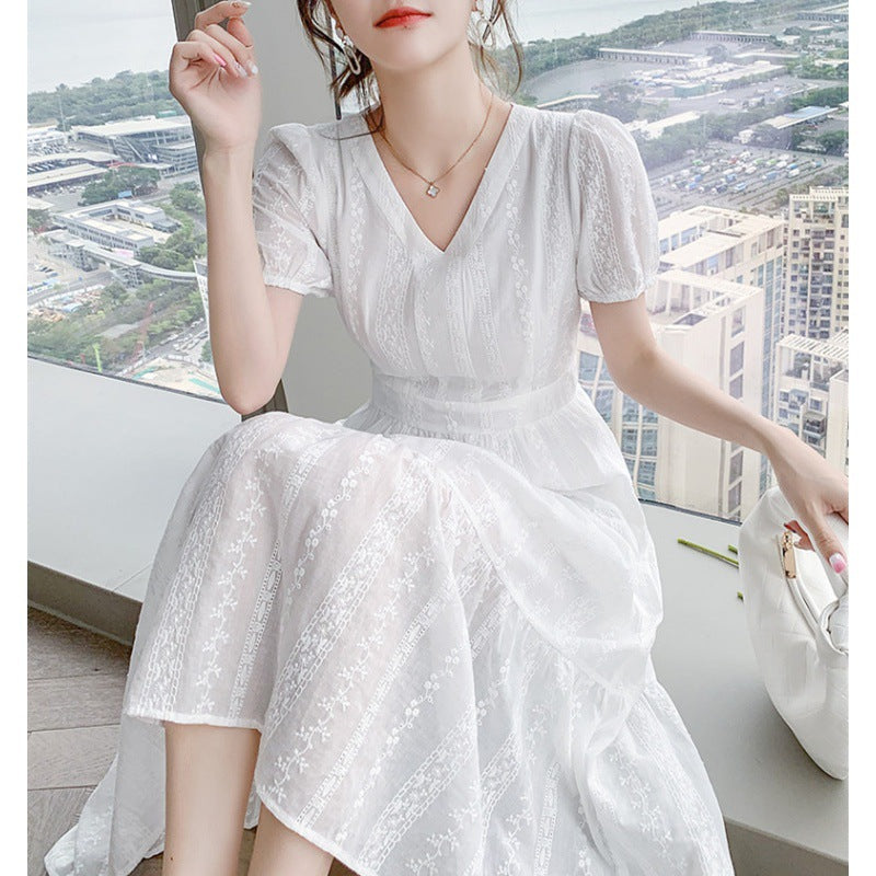 2025 summer new embroidered long skirt  new temperament V-neck slim and thin dress woman