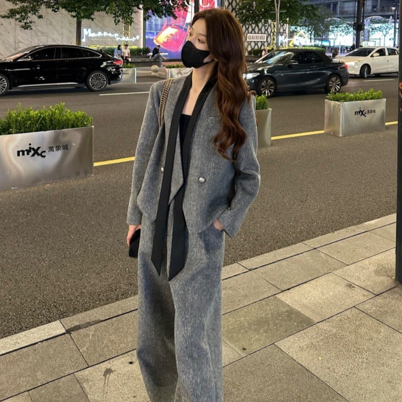 Temperament high sense V-neck streamer woolen blazer women's 2025 spring new casual straight pants two-piece set