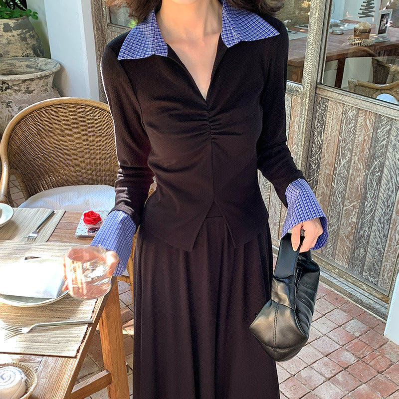 2025 spring college style lapel shirt + high waist A-shaped skirt two-piece suit female 89258