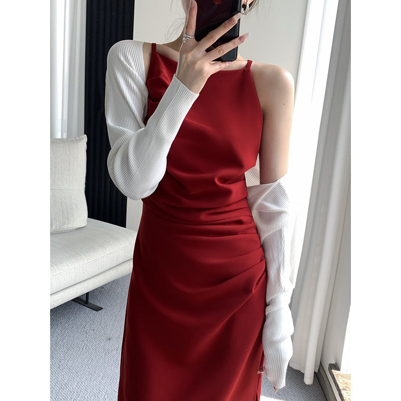 2025 Chic and stunning red suspender dress new women's waist dress pear-shaped figure looks thin and tall in summer