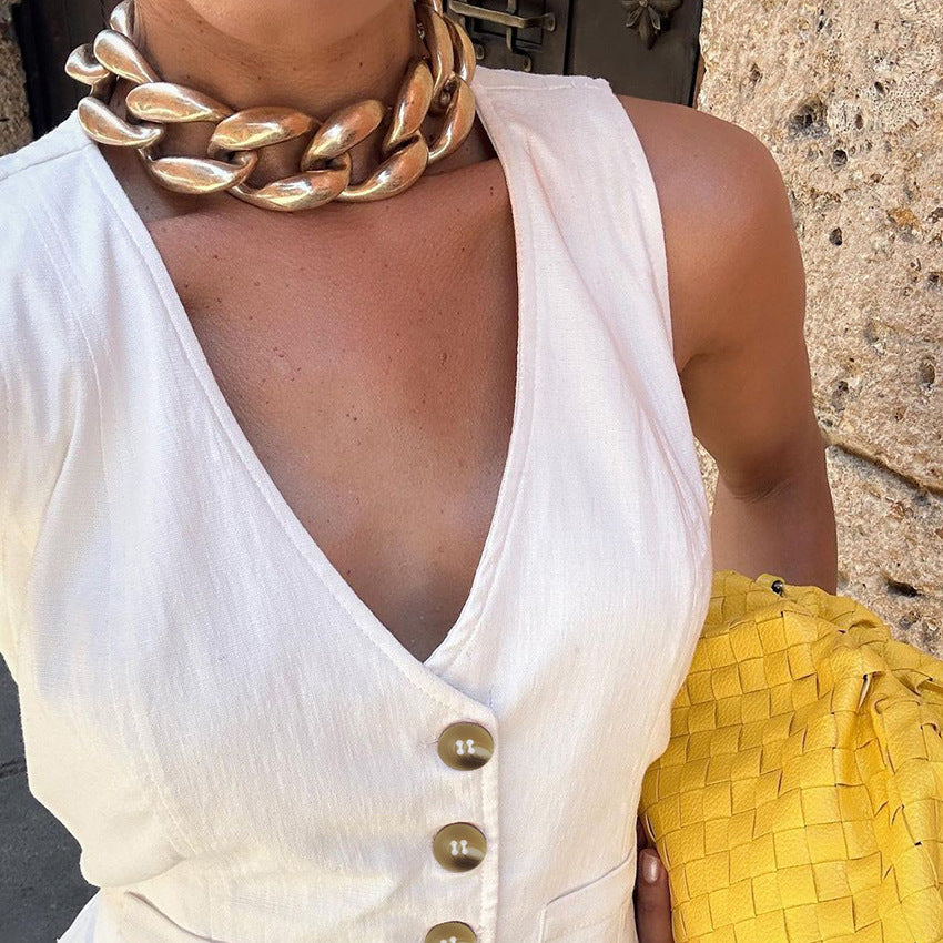 2025 popular Summer Commuter Fashion Versatile Sleeveless V-Neck Cotton and Linen Slim Skinny Dress  Hot Trade Short Skirt Women