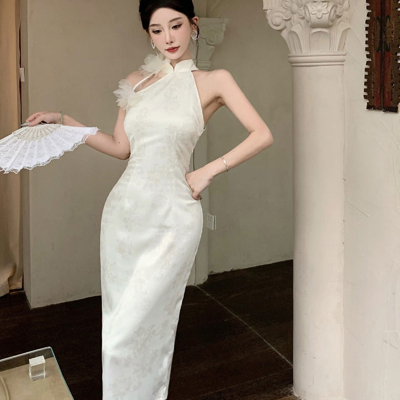 2025 Acetate satin jacquard banquet evening dress women's  summer dress new temperament off-the-shoulder cheongsam dress with split ends