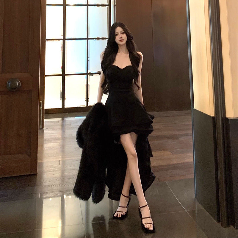 2025 Three-dimensional ruffle leaf tube top dress women's summer seaside vacation irregular dovetail hem birthday dress small dress