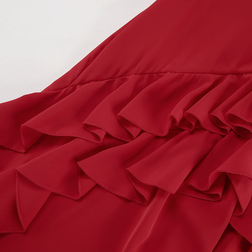 2025 chiffon ruffle edge bubble sleeve V-neck split dress popular  autumn fashion new long dress women