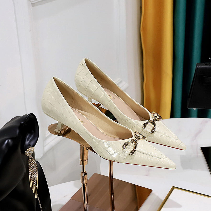 2025 237-2  women's shoes, thin heel, medium heel, shallow mouth, pointed head, retro stone pattern patent leather, metal leather buckle single shoes