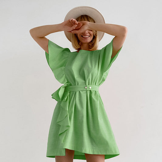 2025 Spring and summer fashion new product sweet cotton and linen round neck flying sleeve belt dress popular  New wholesale skirt