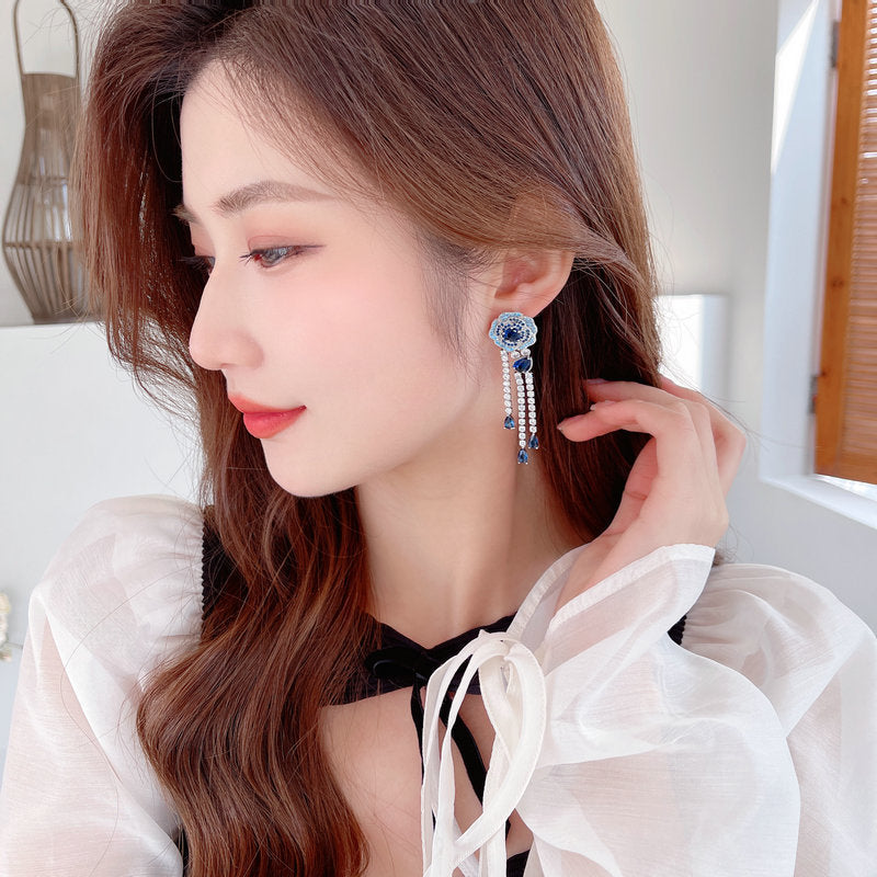 2025 Heavy Industry Light Luxury Premium Earrings Camellia s925 Silver Needle Earrings Women's Rose Long Water Drop Fringed Earrings