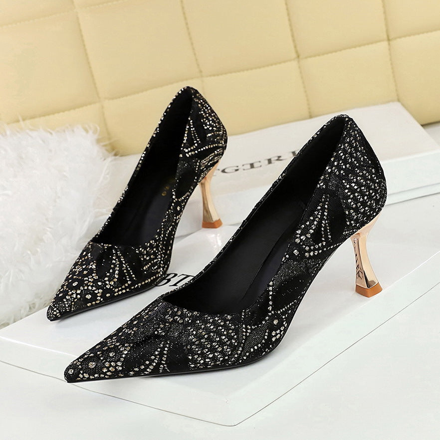 2025 1818-50 Gentle intellectual lace Korean version medium heel single shoes pointed irregular texture fine heel professional women's single shoes
