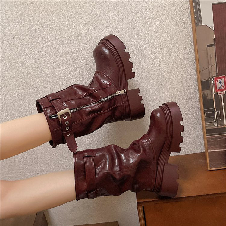 2025  Super good-looking burgundy thick-soled height-increasing small popular new fashionable versatile and thin tall knight boots