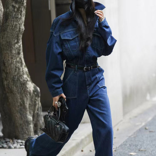 2025 Spot design sense fashionable one-piece denim high waist tooling jeans spring suit women's big pocket jumpsuit