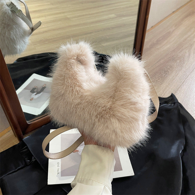 BENPAOLV 2025 Bag Women's  Winter New Soft Imitation Rabbit Hair Portable Women's Bag Small and cute one-shoulder messenger bag