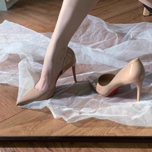 2025 Nude high heels women's popular autumn new red sole side empty pointed sexy versatile professional stiletto shoes