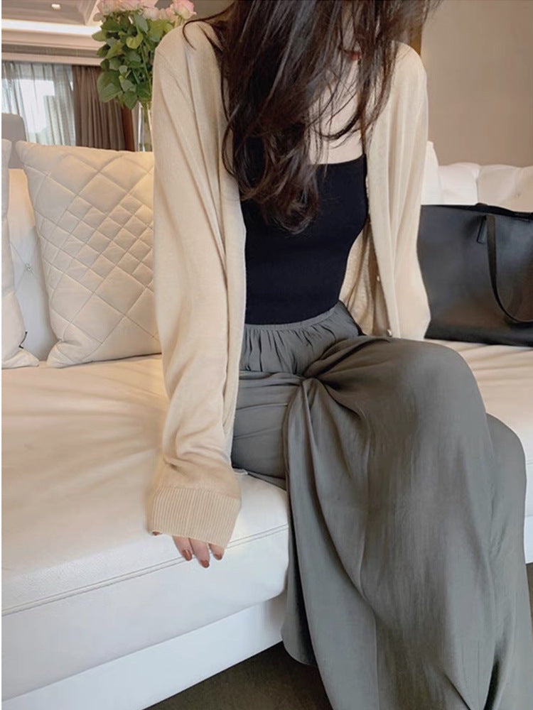 Ice silk knitted cardigan women's 2025 summer with suspender skirt shirt long-sleeved thin shawl air-conditioned shirt jacket