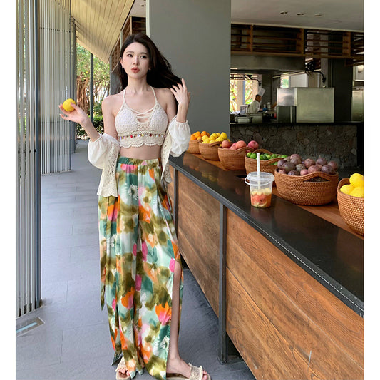 2025 Dopamine floral wide-leg pants seaside wear with flower pants summer women's high-waisted trousers bohemian culottes beach pants