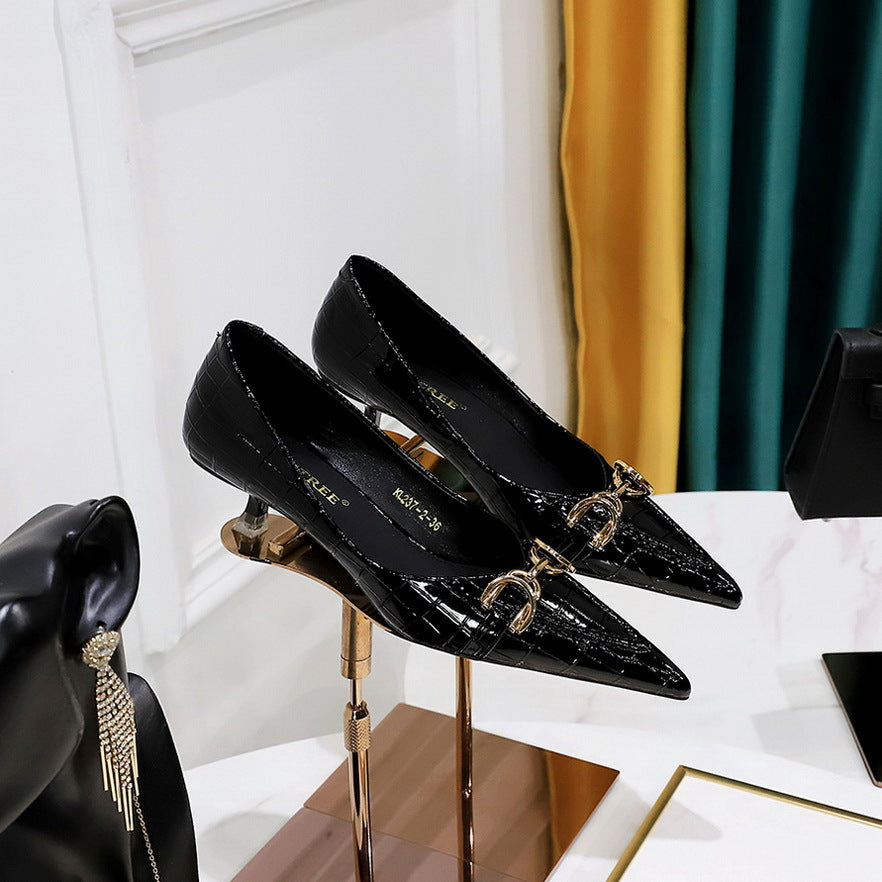 2025 237-2  women's shoes, thin heel, medium heel, shallow mouth, pointed head, retro stone pattern patent leather, metal leather buckle single shoes