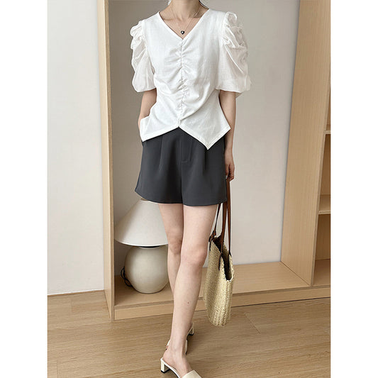 2025 popular summer pleated bubble sleeve design sense v-neck top shows  temperament solid color top 2837