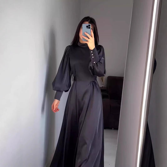 2025 popular autumn and winter new  waist solid color long sleeve slim belt retro elegant dress