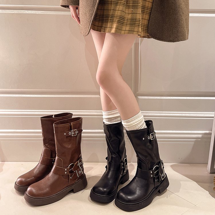 2025  Korean mid-tube boots women's popular new brown round head pleated mid-tube Martin boots