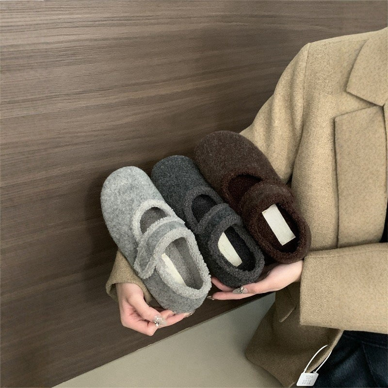 2025 Retro suede inner heightening Mary Jane shoes women's popular winter small high-heeled plush warm fluffy cotton single shoes