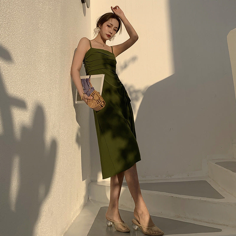 2025 Summer new medium and long avocado green small fairy dress a word waist drawstring suspender holiday dress women