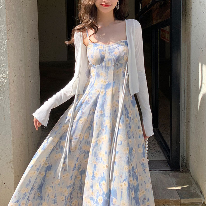 2025 blue oil painting long dress beach dress floral suspender dress female summer fairy temperament waist  summer female