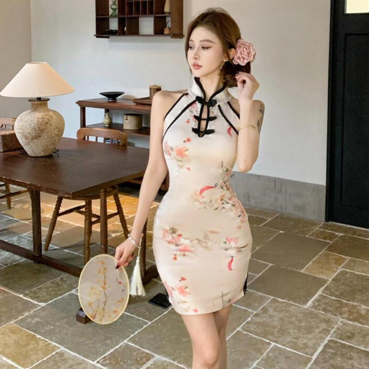 2025 Sexy hip-wrapped dress  young temperament girl neck-hanging improved cheongsam small dress dress off-the-shoulder slim fit