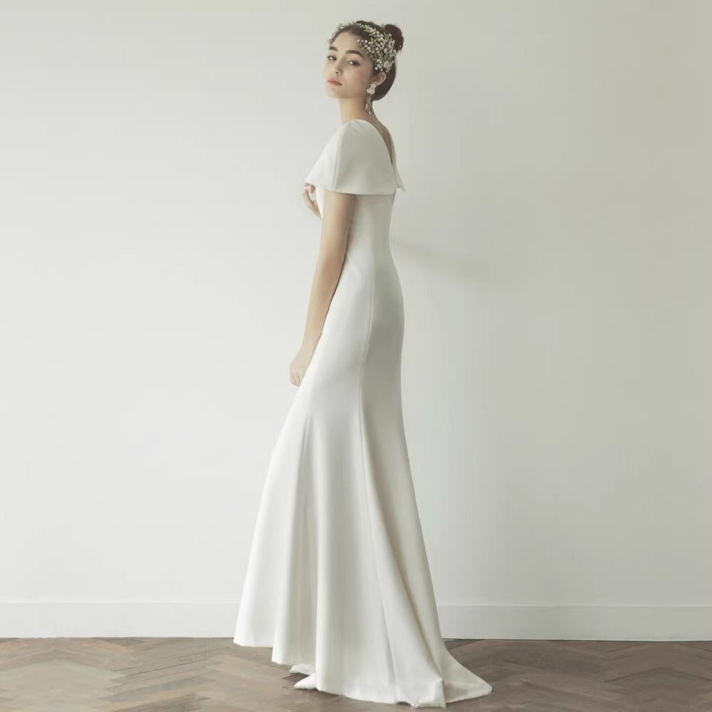 2025 temperament slim fit light wedding dress simple satin small trailing tail license travel skirt high texture fishtail skirt dress