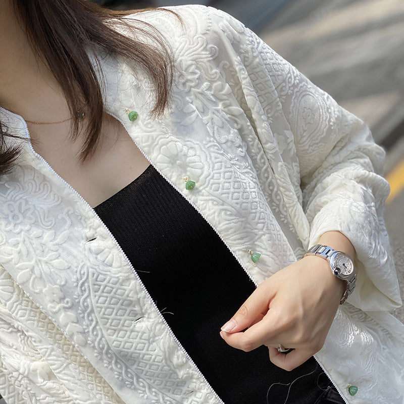 2025 Heavy industry jacquard, silk velvet, new Chinese shirt, stand-up collar cardigan  summer, top and coat women's clothing