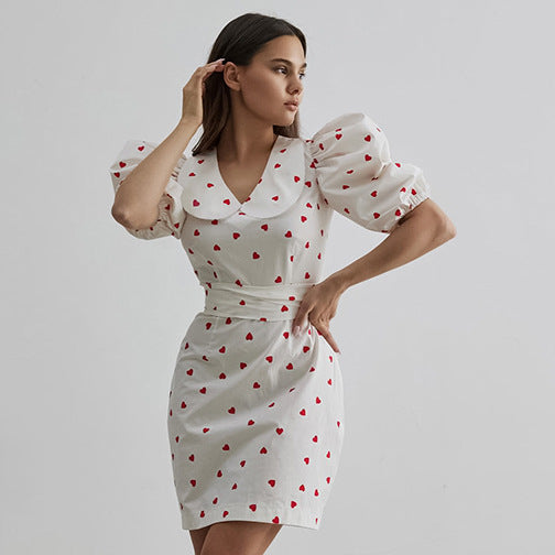 2025 white cotton and linen love printing high-waisted V-neck bubble sleeve dress popular  spring fashion new