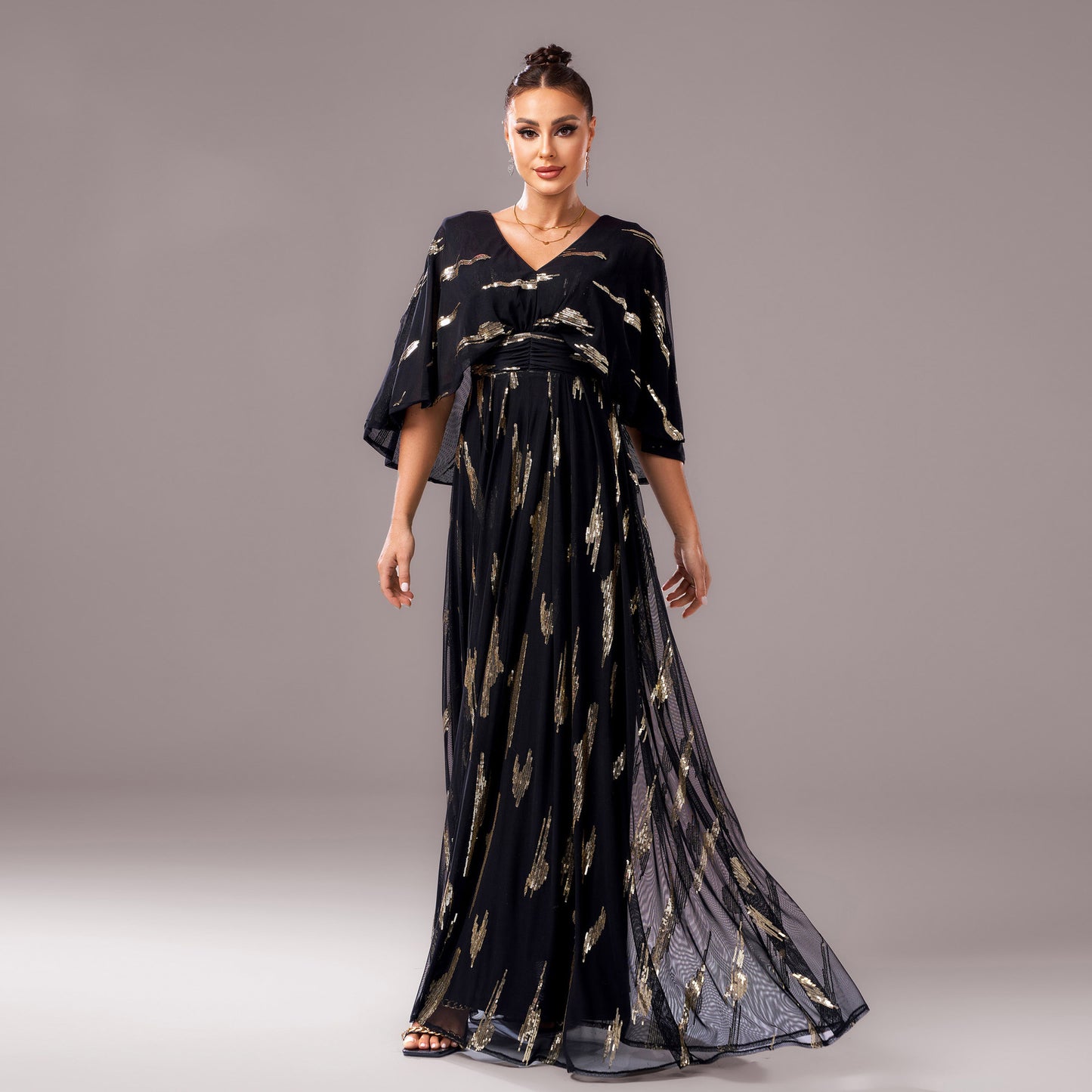 2025 new temperament V-neck medium-sleeved long sequined banquet hip-wrapped evening dress bridesmaid dress women