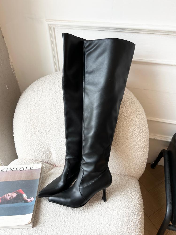 2025 Spice Girl Wide Boots popular New Big Tube Women's Boots Pointed Tips Thin Heels Skinny Pile Boots Large Size Over-the-Knee Boots
