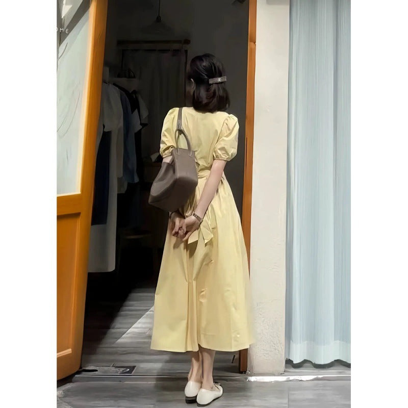 2025 new super good-looking high-end exquisite niche design coffee break  temperament yellow dress children summer