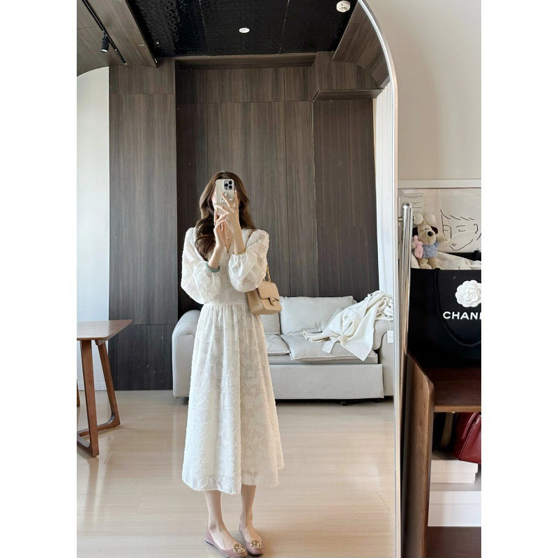 2025 Korean early spring new temperament women's collar jacquard waist strap long sleeves medium and long word dress women