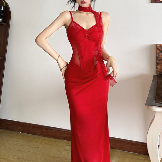 2025 style 2025 spring new women's clothing lace hollow sexy pure desire neck sling long dress dress