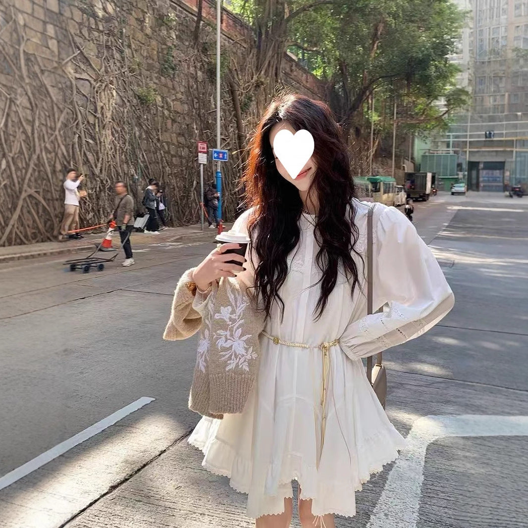 2025 Spring Clothing New Lyocell Tencel Cotton Lace Splicing Dress Women's Crew Neck Small White Dress Women's Clothing