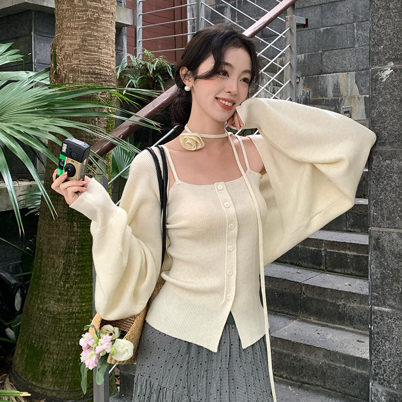 2025 spring new wool knitted small suspender vest sunscreen blouse two-piece set women 25190