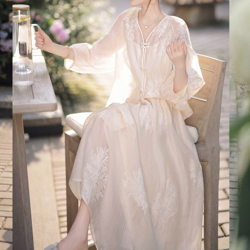 2025 Off-white new Chinese two-piece suit women's spring and summer national style top printed skirt wide-leg long skirt suit women