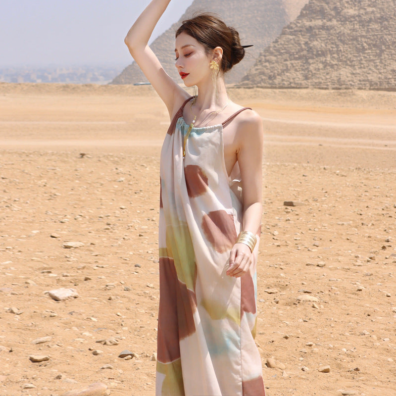 2025 retro color matching printing suspender dress summer temperament loose lazy wind seaside vacation dress children