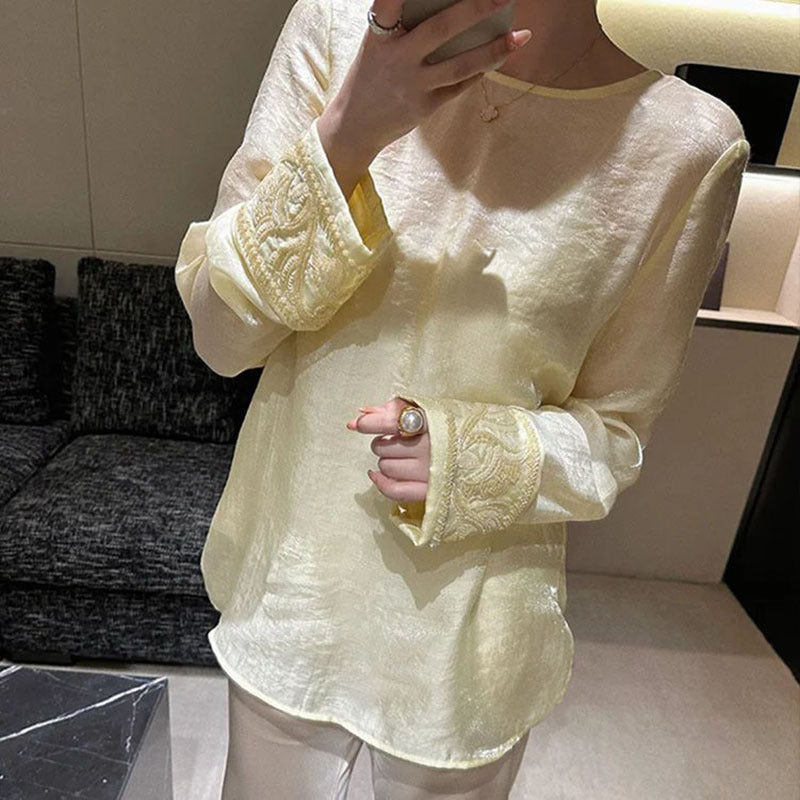 Guofeng Spring New Heavy Industry Bead Embroidery Splicing Long Sleeve Top Women's Thin Versatile Silk Shirt N2071