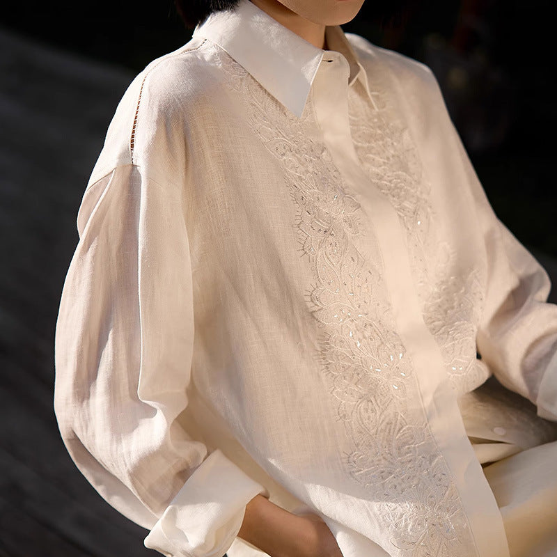 2025 Embroidered 100% linen shirt, high-end white top, women's clothing  spring new products, commuter long-sleeved shirt