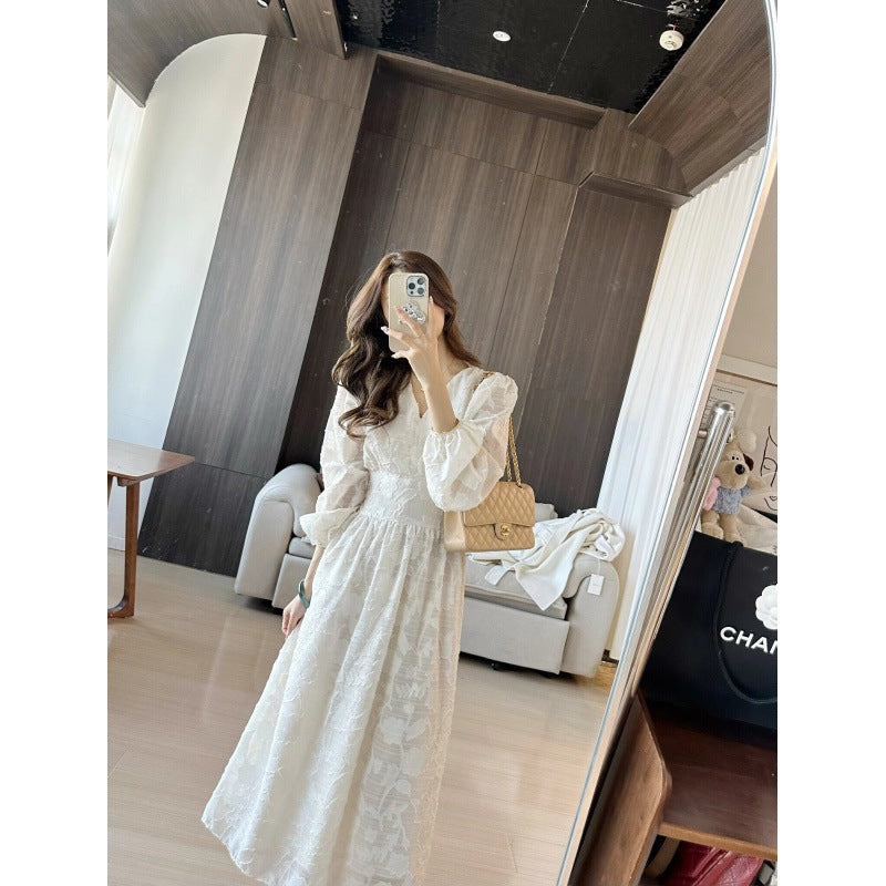 2025 Korean early spring new temperament women's collar jacquard waist strap long sleeves medium and long word dress women