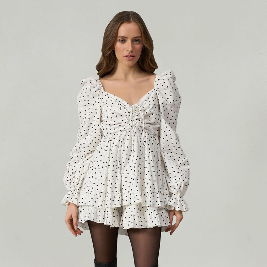2025 Mysterious and sexy design sense of love cotton and linen printing V-neck long-sleeved dress summer  fashion drawstring skirt