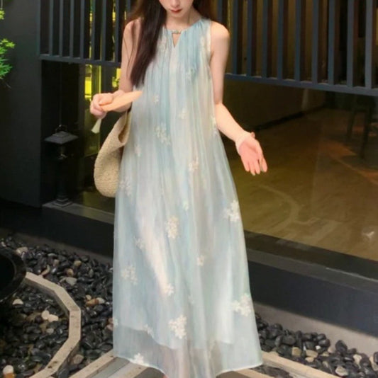 2025 summer new design embroidery sleeveless loose casual fashion women's clothing embroidery dress long skirt