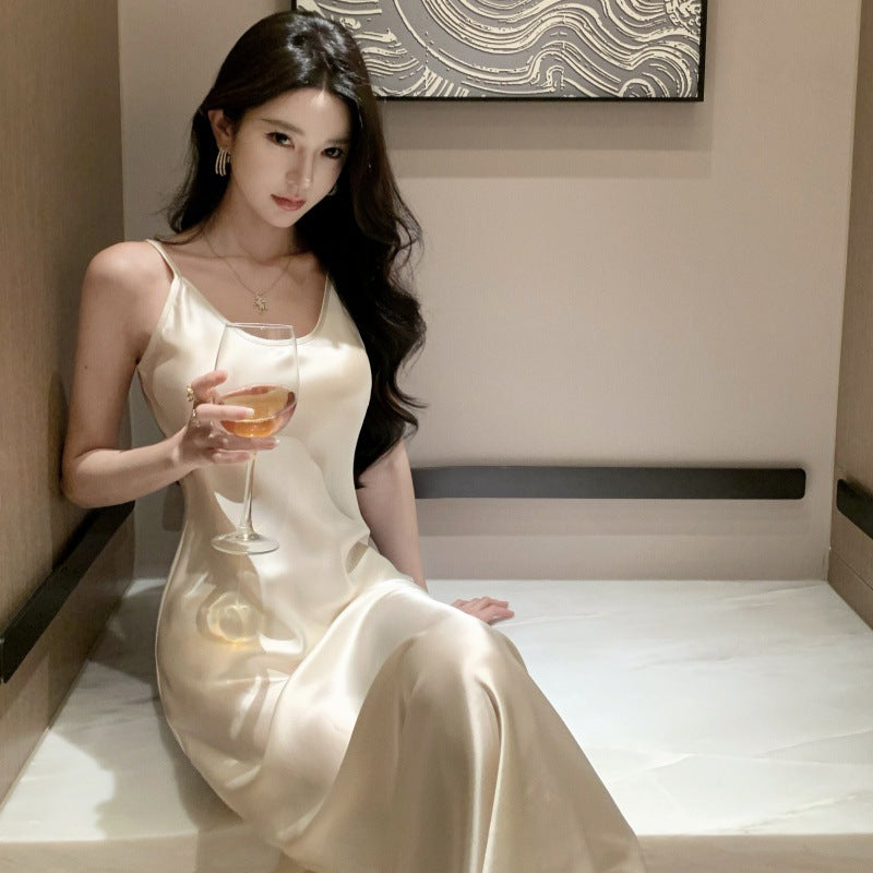 2025 large U-neck oblique cut acetic acid satin suspender dress women's waist temperament long skirt  summer pure desire